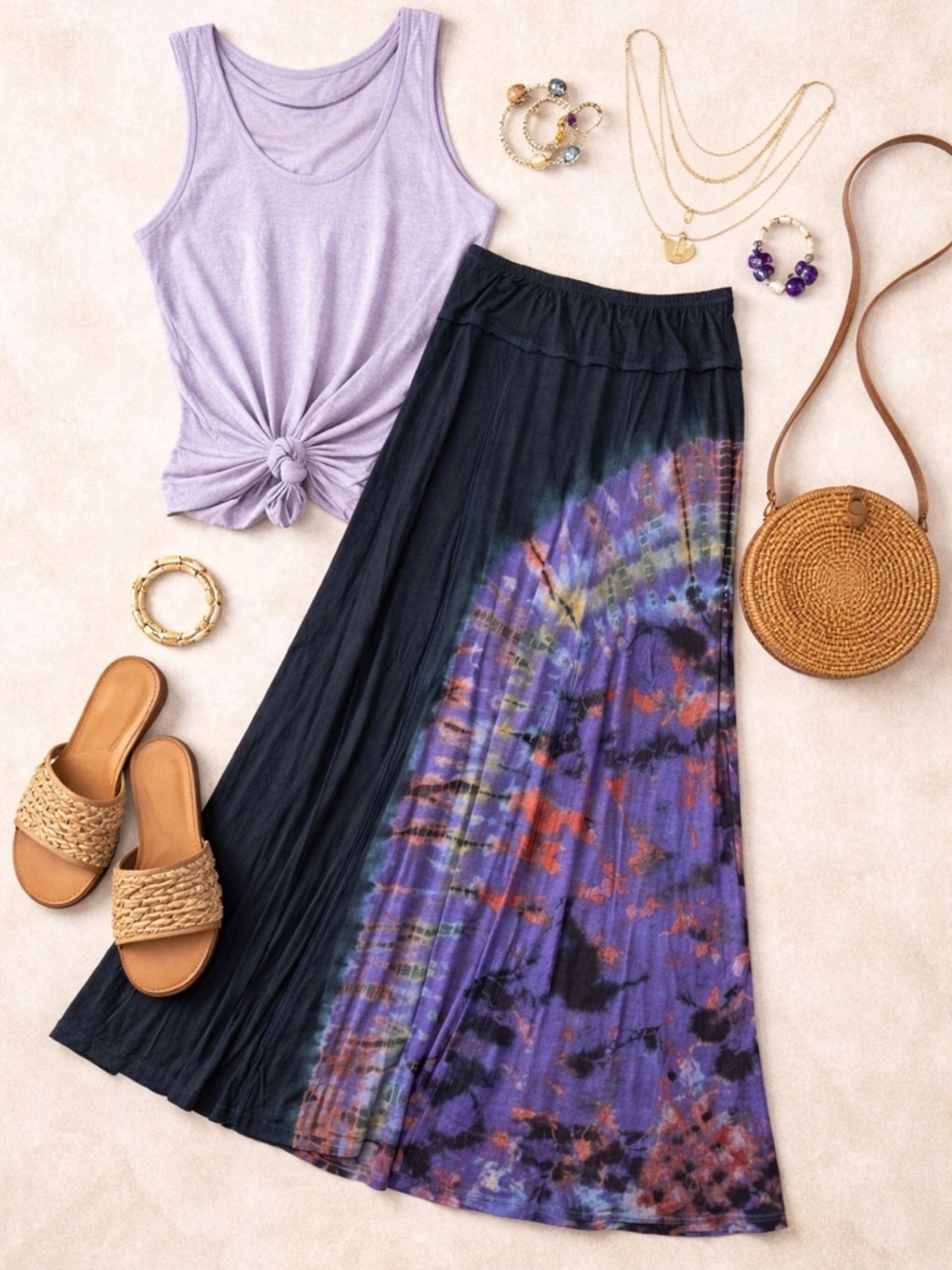 New Blue Sky Tie-Dye Maxi Skirt Small Rayon/Lycra Stretch Waist Boho